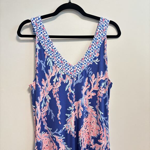 Lilly Pulitzer Dress Womens Large Blue Madsen Midi Swim On Over Coral Print NWT - Picture 7 of 14